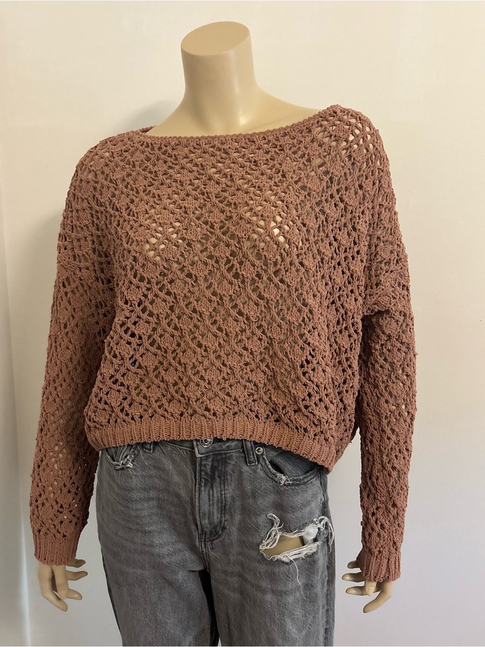 Rust Crochet Knit Boatneck Sweater - Women Size Small